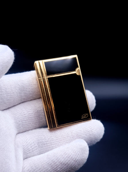 Rare 18K 750 Gold Black S. T. Dupont Ligne Gatsby Chinese Lacquer Lighter 90's Ping Sound