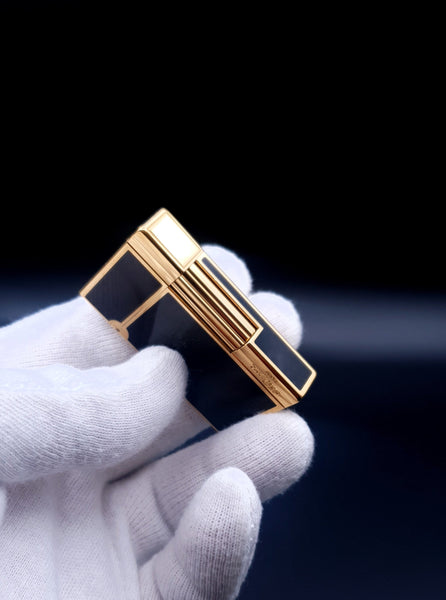 Rare 18K 750 Gold Black S. T. Dupont Ligne Gatsby Chinese Lacquer Lighter 90's Ping Sound
