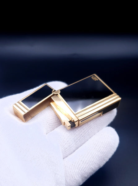 Rare 18K 750 Gold Black S. T. Dupont Ligne Gatsby Chinese Lacquer Lighter 90's Ping Sound