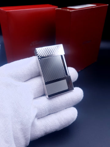 NEW with BOX and Papers Platinum S. T. Dupont Ligne 2 Lighter Diagonal Lines Pattern Loud Ping Sound
