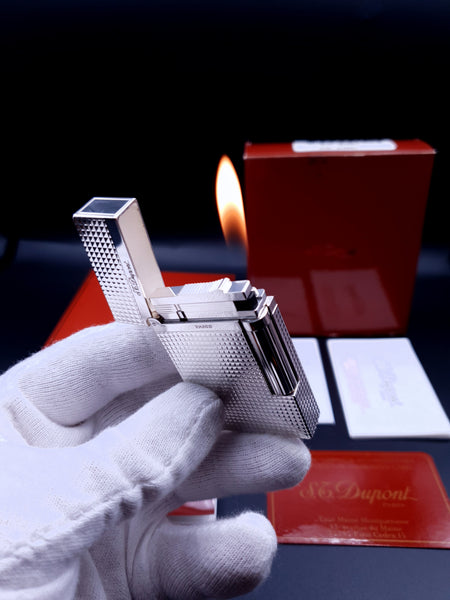 NEW with Box and Papers Silver S. T. Dupont Ligne 2 Lighter 16184 Diamond Head Montparnasse Loud Ping Sound
